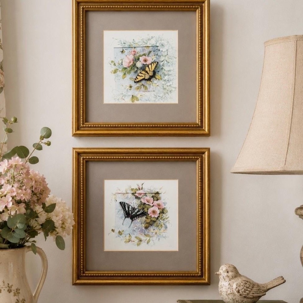 VTG 90s Kathy Seek Butterfly Prints Set of 2 Framed Gold Wood 8x8 Cottagecore